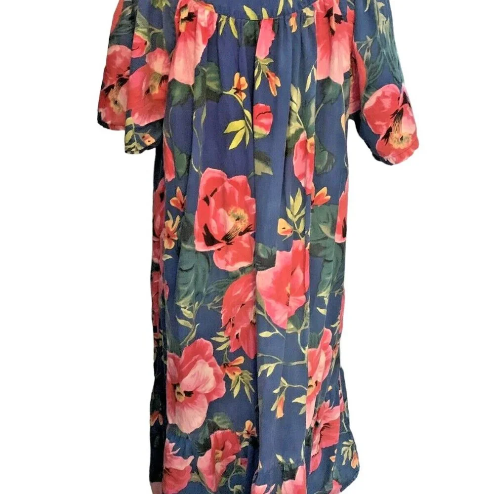 Vintage Ladies Mumu Dress w Pockets Tropical Floral MED Cotton Midi Blue w Pink - Picture 6 of 12